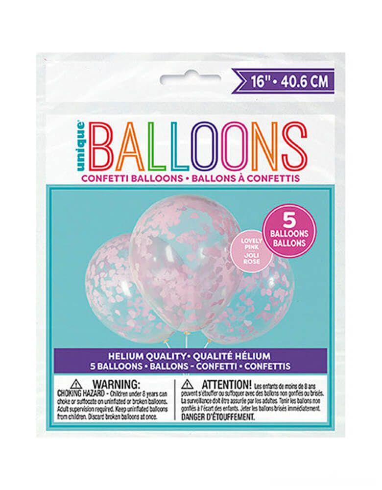 Unique Industries  16" Pink Heart Shaped Confetti Balloon Mix, 5ct balloons in package
