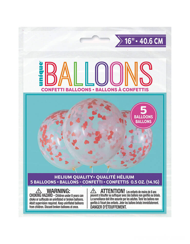 Unique 16" Heart Valentines Day Confetti Balloons, 5ct balloons in package