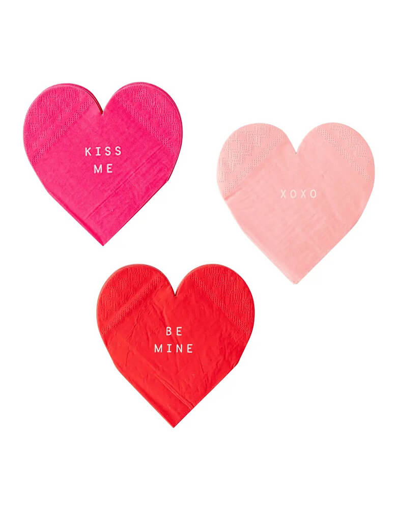 Momo Party's 5" heart shaped small napkins by My Mind's Eye, comes in a set of 24 in 3 different colors of red, rose, and pink, each color has a message of "kiss me", "xoxo" and "be mine" these napkins are perfect for your Valentine's Day party tablescape. 