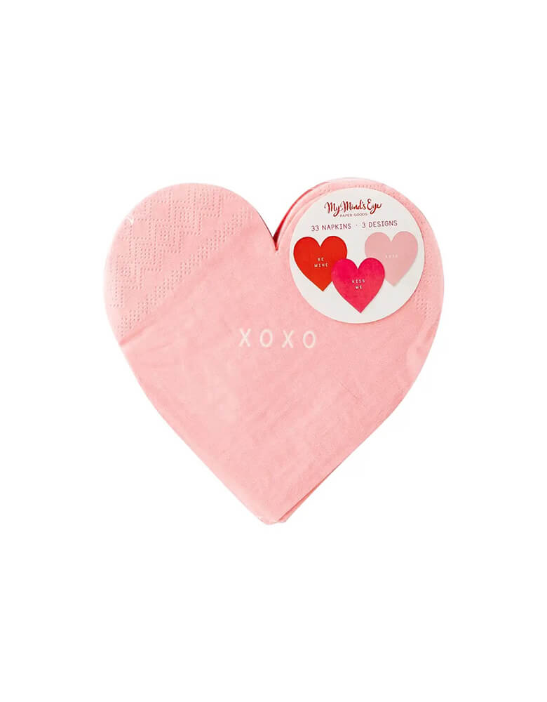Momo Party's 5" heart shaped small napkins by My Mind's Eye, comes in a set of 24 in 3 different colors of red, rose, and pink, each color has a message of "kiss me", "xoxo" and "be mine" these napkins are perfect for your Valentine's Day party tablescape.