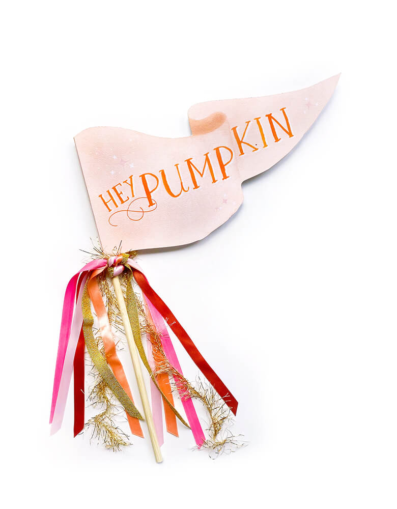 Hey Pumpkin Party Pennant by Cami Monet. This 10 x 5 inches handmade pennant featuring a handwriting "Hey Pumpkin" text with watercolor background in pink on the 120 lb. luxe watercolor texture paper, with orange, pink, red and gold Ribbon and sparkle garland adding details on the rod. This high quality made party pennant is so cute for celebrating Thanksgiving ! Hold it in a photo or pop on a cake or use as your Thanksgiving parties, halloween parties and fall celebrations