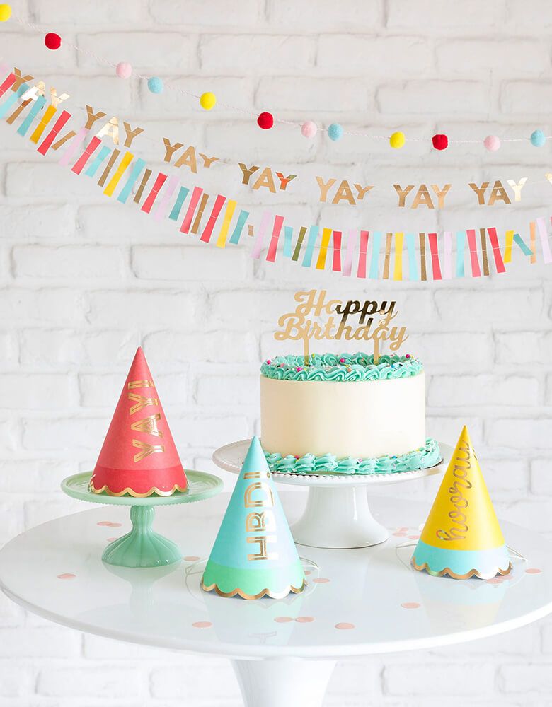 My Mind's Eyes Hip Hip Hooray Colorful Party Hats with Happy Birthday Cake with wall decoration