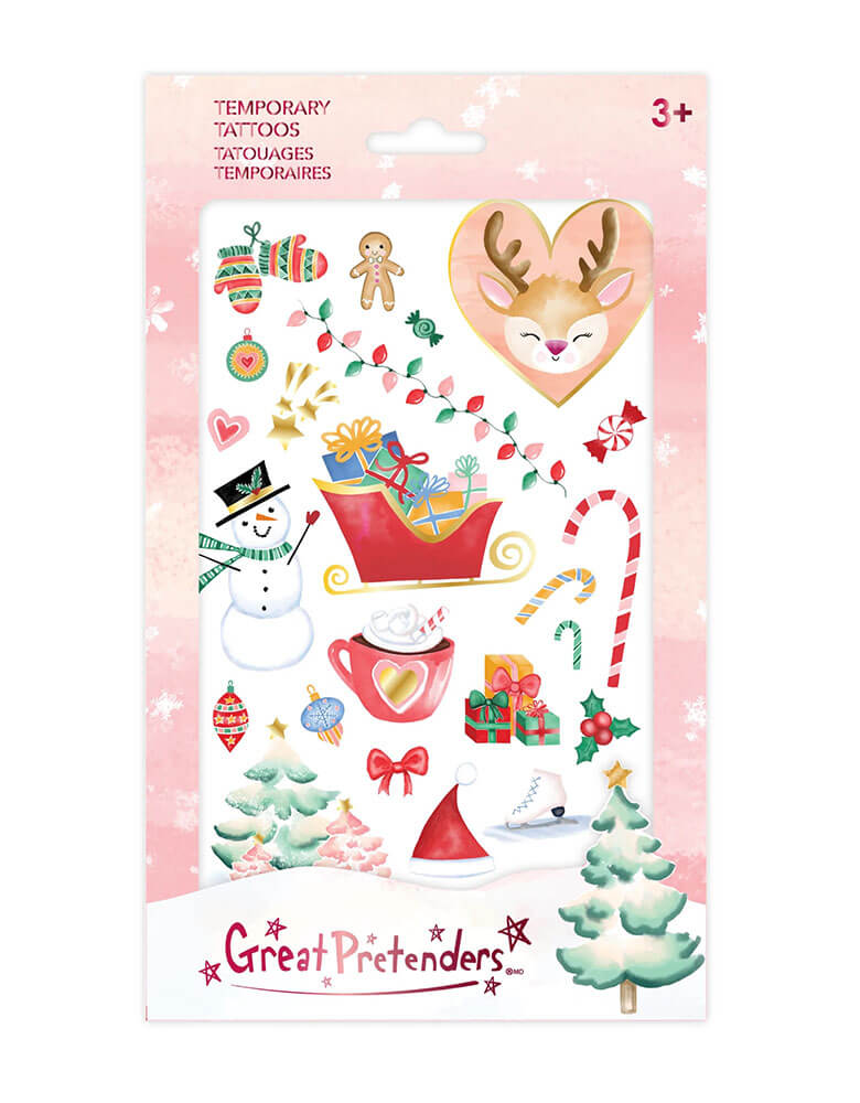 Momo Party's holiday temporary tattoo sheet by the Great Pretender featuring festive Christmas designs including an adorable reindeer, snowman, hot cocoa, santa's hat, candy cane, gingerbread man, Christmas trees, Christmas lights, Christmas ornaments, and A red sleigh filled with gifts. It makes a great stocking stuffer for kids this holiday season.