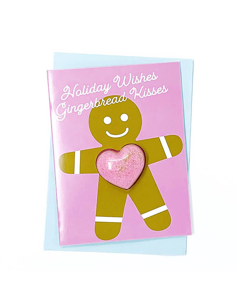 Feeling Smitten - Holiday Wishes Gingerbread Kisses Bath Card. Kiss boring greeting cards goodbye with our HELLO FIZZY collection featuring a bath bomb in a heart shape in every card.  Get your message then fizz your cares away in a soothing, softening blend of Epsom salts and oh so sweet fragrance!  Each card opens for writing a message inside. Bath bombs range from 1-2 ounces per shape. Made in United States of America