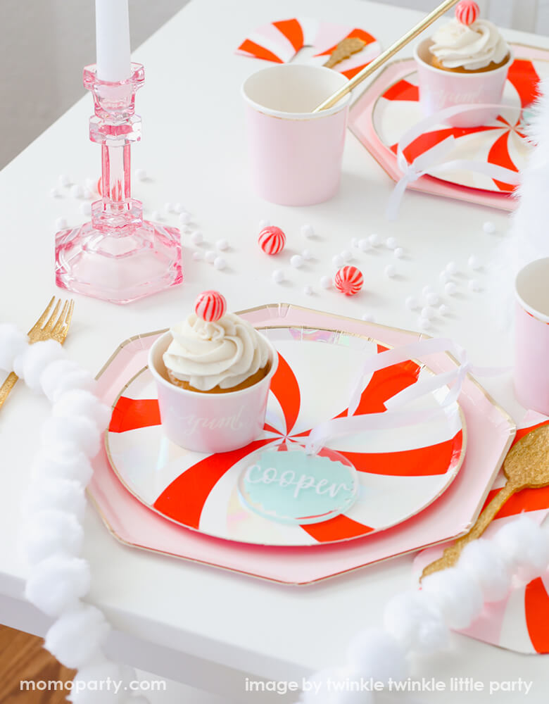 Christmas Peppermint Plate Layerd with Dusty Pink Plate Christmas Holiday Tablescape Ideas