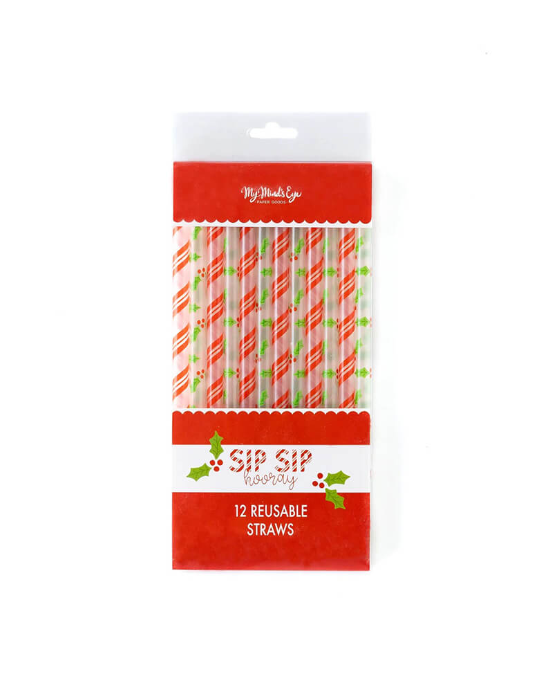 Momo Party's Holly Reusable Straws, set of 12 featuring festive Holly designs and Candy cane red stripes on the straws, perfect for this holiday season!