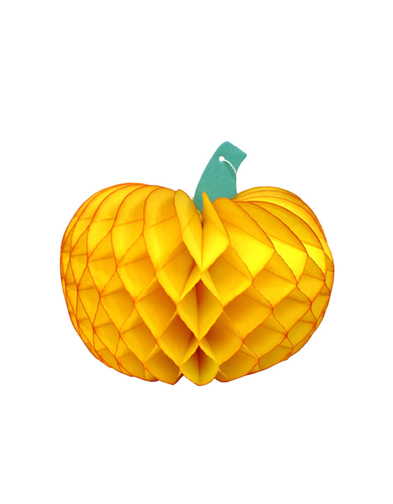 Devra Party Pumpkin Honeycomb Tissue Paper in gold color, 10 inch, Made in the USA. This Honeycomb is made from high quality tissue paper and have a looped hanging string attached, is the perfect addition to your event decor, table centerpiece, or photo booth prop. Hang them from the ceiling, or display in your table or room. With the easy set up and colorful unique design pumpkin shape, perfect decoration for a Halloween party, Spooky Halloween party, hocus pocus party, Witch Party