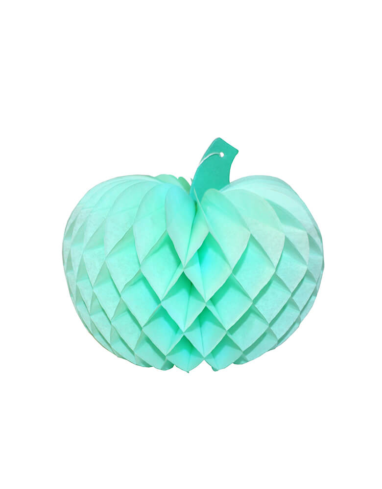 Devra Party Pumpkin Honeycomb Tissue Paper in Mint color, 10 inch, Made in the USA. This Honeycomb is made from high quality tissue paper and have a looped hanging string attached, is the perfect addition to your event decor, table centerpiece, or photo booth prop. Hang them from the ceiling, or display in your table or room. With the easy set up and colorful unique design pumpkin shape, perfect decoration for a Halloween party, Spooky Halloween party, hocus pocus party, Witch Party