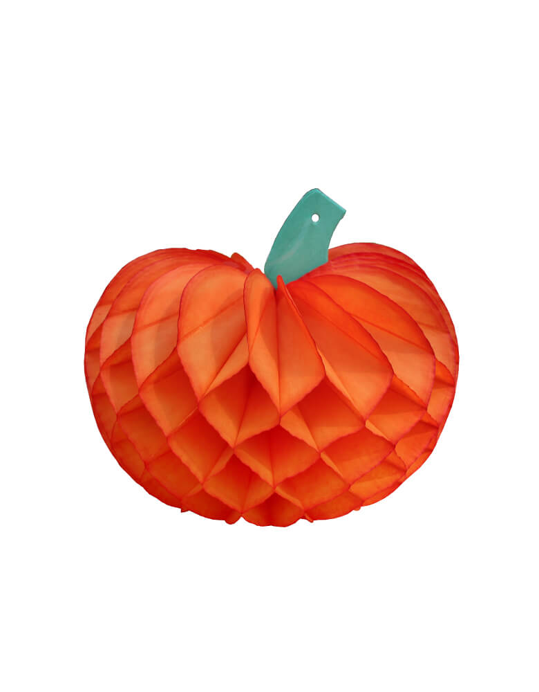Devra Party Pumpkin Honeycomb Tissue Paper in Orange color, 10 inch, Made in the USA. This Honeycomb is made from high quality tissue paper and have a looped hanging string attached, is the perfect addition to your event decor, table centerpiece, or photo booth prop. Hang them from the ceiling, or display in your table or room. With the easy set up and colorful unique design pumpkin shape, perfect decoration for a Halloween party, Spooky Halloween party, hocus pocus party, Witch Party