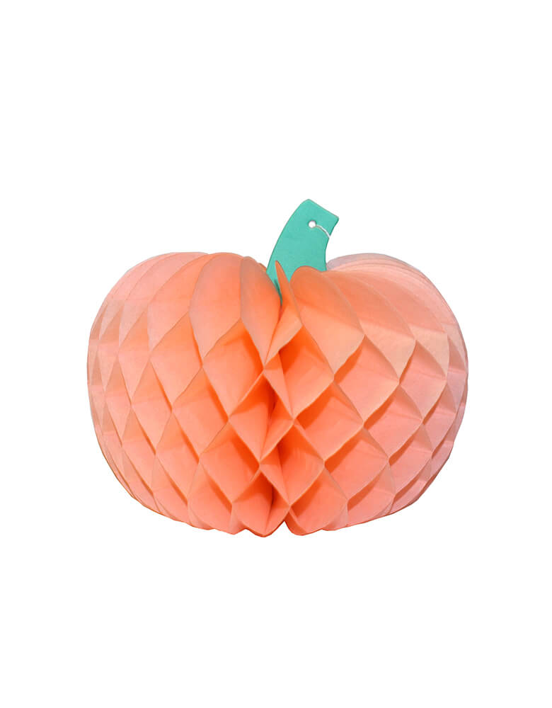 Devra Party Pumpkin Honeycomb Tissue Paper in Peach color, 10 inch, Made in the USA. This Honeycomb is made from high quality tissue paper and have a looped hanging string attached, is the perfect addition to your event decor, table centerpiece, or photo booth prop. Hang them from the ceiling, or display in your table or room. With the easy set up and colorful unique design pumpkin shape, perfect decoration for a Halloween party, Spooky Halloween party, hocus pocus party, Witch Party