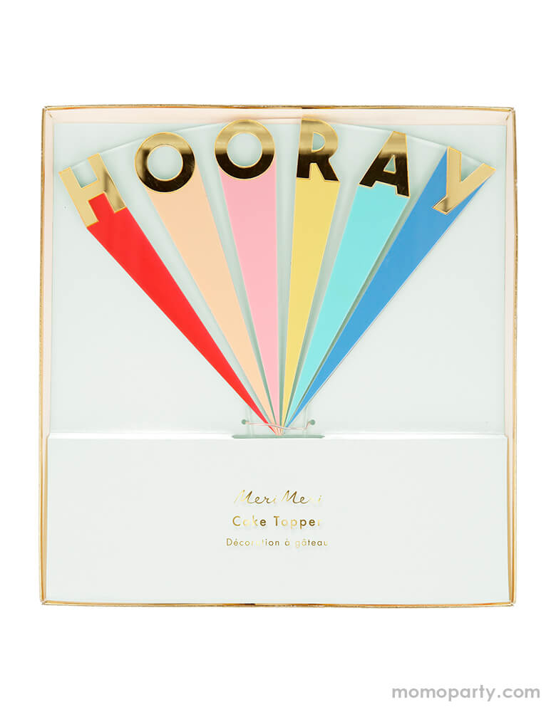 Meri Meri Hooray Acrylic Cake Topper in a eco friendly clear package. Featuring the word 'Hooray' is spelt out in gold mirrored acrylic letters, and crafted with neon pink, pale orange, pale pink, pale yellow, mint and pale blue colorful detail. It's perfect for any celebratory party!