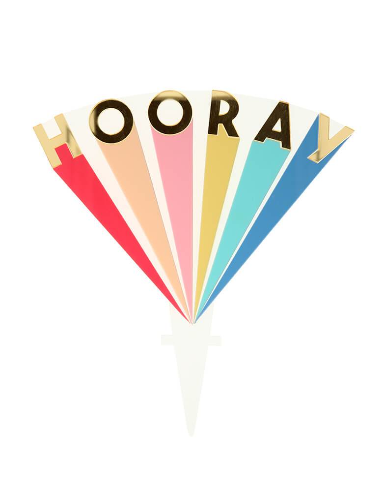 Meri Meri Hooray Acrylic Cake Topper. Featuring the word 'Hooray' is spelt out in gold mirrored acrylic letters, and crafted with neon pink, pale orange, pale pink, pale yellow, mint and pale blue colorful detail. It's perfect for any celebratory party!