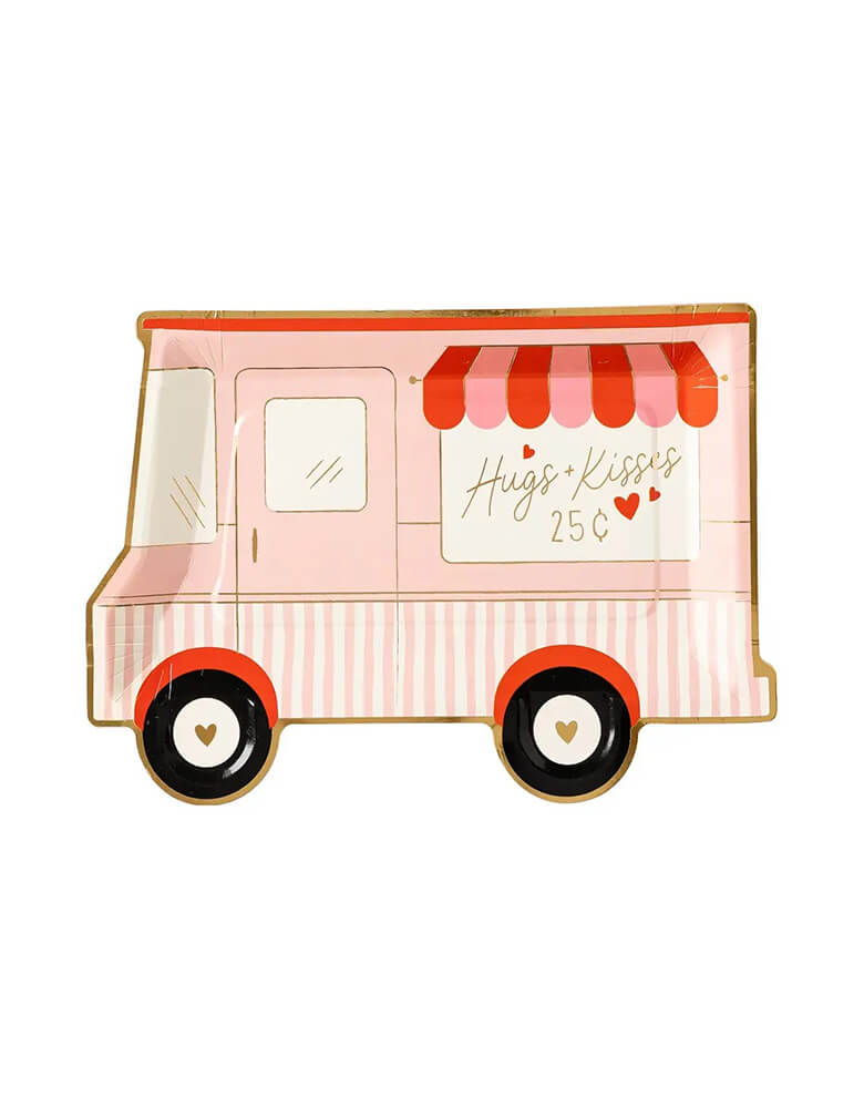 Momo Party's 9.5" x 7" love truck plate by My Mind's Eye, featuring a whimsical truck design with gold foil accents, these party plates are the perfect addition to any sweet Valentine's goodie table. And at 10 inches these die cut Valentine truck plates are the best way to deliver homemade sugar cookies and cupcakes to your all of your Valentine this year!