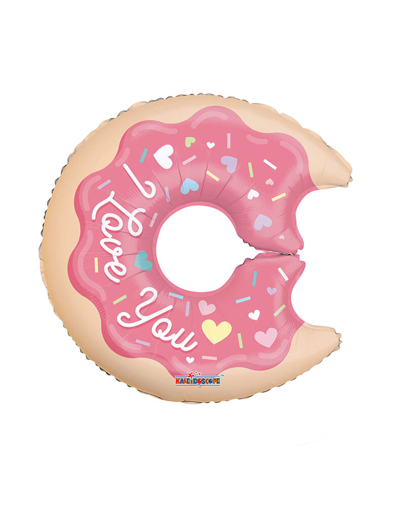 Kaleidoscope Balloons - I Love You Donut Foil Balloon. This is a 28" double-sided foil balloon of a donut with sprinkles on it, also with "i love you" text and lots of pastel hearts design.. This I Love You donut shaped foil balloon is perfectly sweet for a Valentine's Day celebration! 