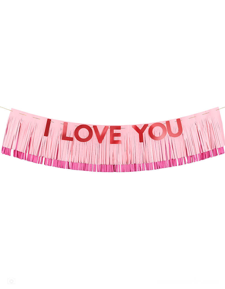 Momo Party's 60 x 12" pink and red fringe banner set by Party Deco. Featuring tissue-fringe in pink and metallic red letters, this set is perfect to express your love for your Valentine's Day party or Galentine's Day celebration.