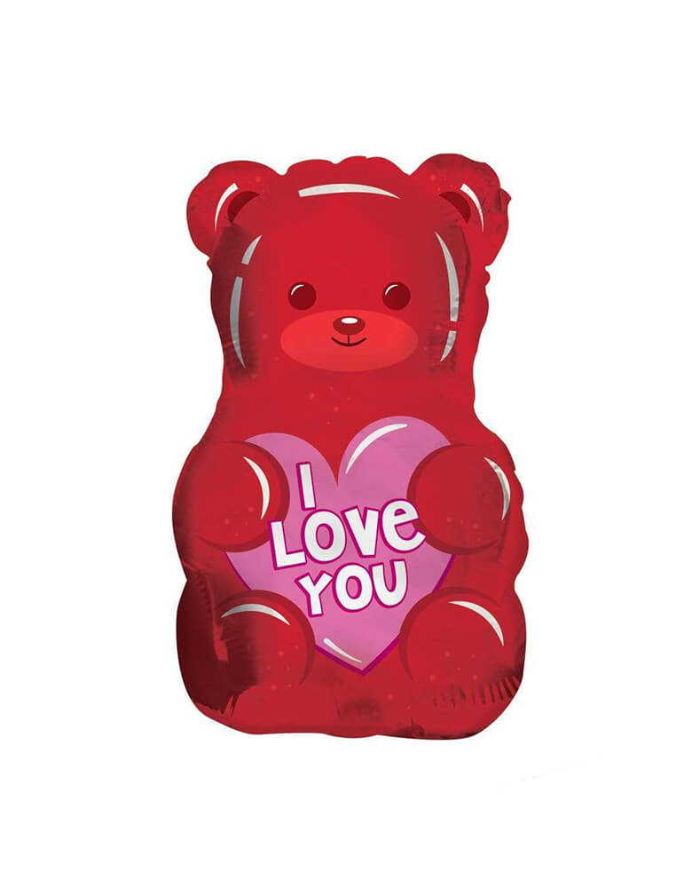 Kaleidoscope balloons - I Love You Gummy Bear Shaped Foil Balloon. Featuring a red gummy bear shaped foil balloon holding a pink heart with "i love you" text on the heart. This adorable junior I Love You gummy bear foil balloon will be so sweet for your Valentine's Day celebration.
