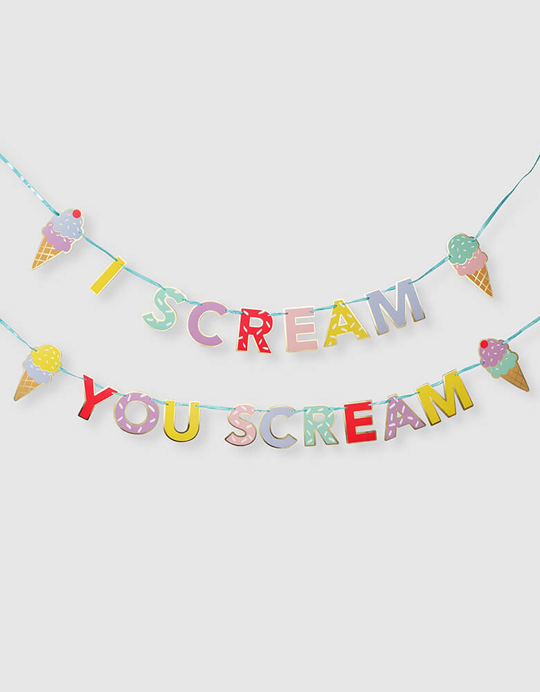 I Scream You Scream Ice Cream Banner By Coterie. This fun and colorful ice cream metallic gold accents is perfect for your ice cream social or a summer gathering.