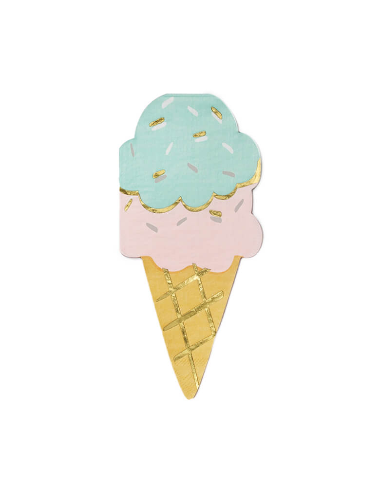 Coterie party - Ice Cream Cone Napkins. These Ice Cream Cone Napkins featuring  die-cut ice cream cone shape with pastel ice cream color and gold foil details on it, they are perfect for your treat themed party! summer party, ice cream themed party