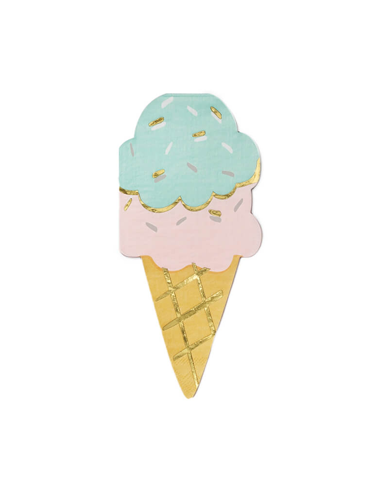 Coterie party - Ice Cream Cone Napkins. These Ice Cream Cone Napkins featuring  die-cut ice cream cone shape with pastel ice cream color and gold foil details on it, they are perfect for your treat themed party! summer party, ice cream themed party