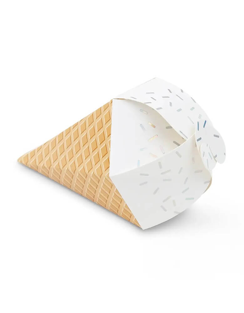 Momo Party's 4.5x2.5" ice cream cone treat box by Weddingstar Inc.  Each of the ten paper favor boxes in the set arrives flat, and with a few simple folds along the predetermined fold lines, you get a cute, miniature pillow box to hold your sweet treats or small gifts inside. Plus, they can be used for any kind of party! Use them for your pool party, ice cream themed birthday party, anniversary celebration, or graduation.
