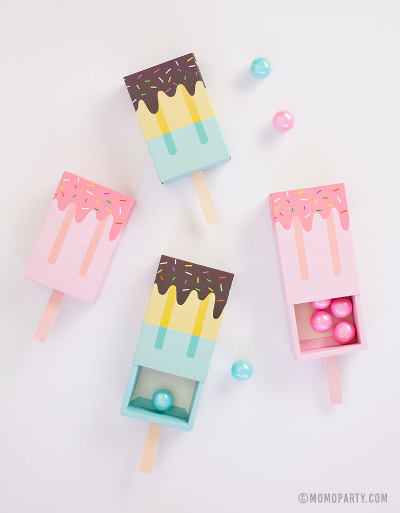 Pink and Blue Ice Cream Popsicle Shaped Candy Favor Boxes with Gummy Balls