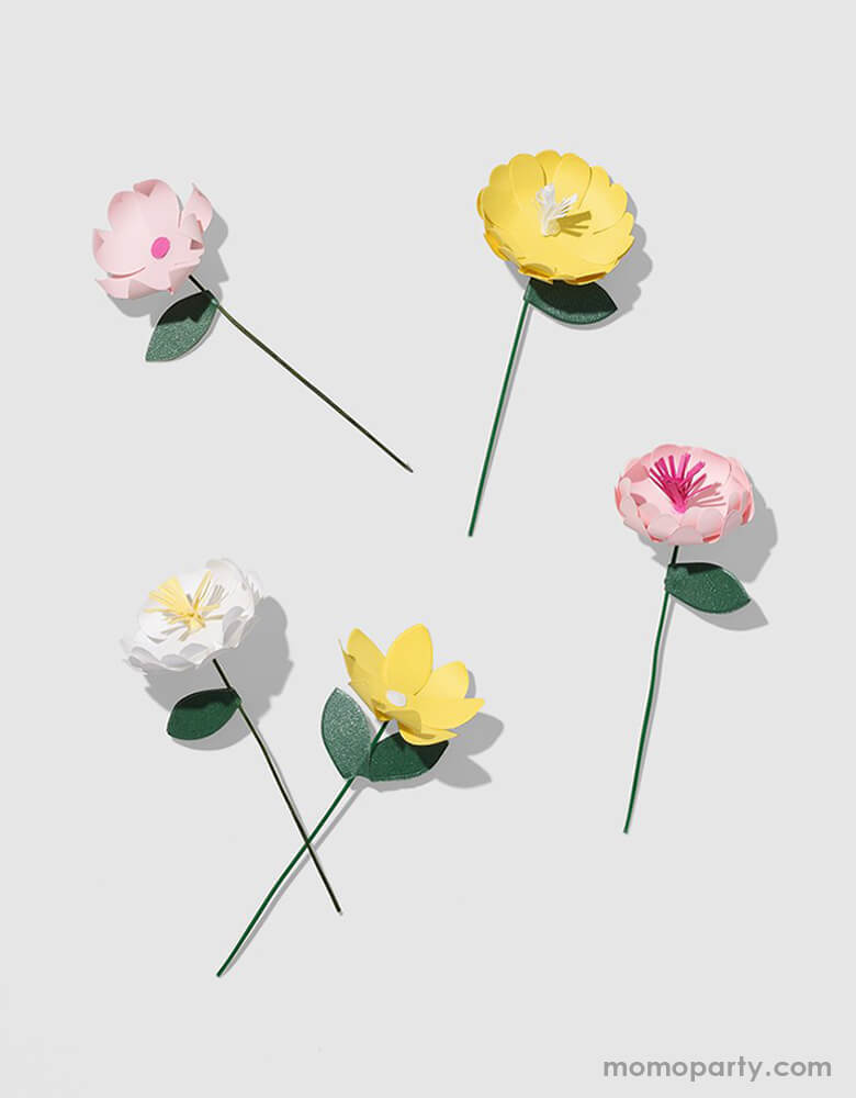 Coterie - In Full Bloom Mini Toppers. There are handmade paper flower toppers with leaves in pink, yellow and white colors. add an elegant floral touch to cupcakes, cakes or hors d'oeuvres. modern and unique cupcake and cake topper for your little one's tea party, garden party, fairy party, mother's day, easter celebration or any spring, Floral themed party