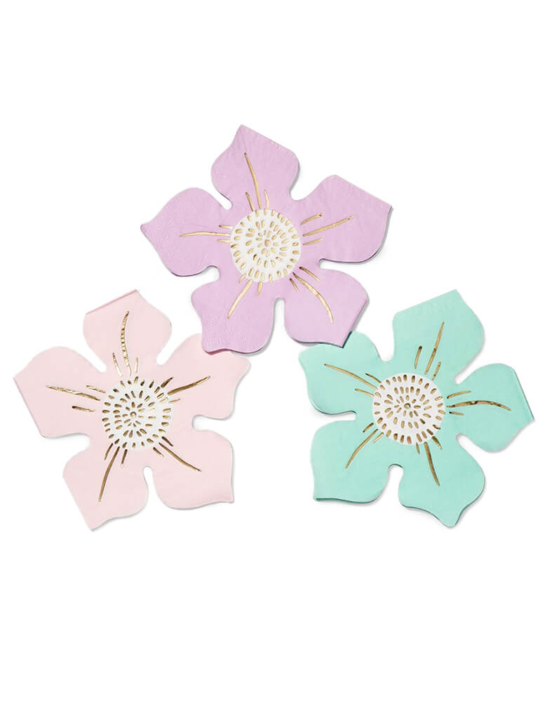 Coterie - In Full Bloom Napkins. Pack of 25. Featuring flower die cut shaped napkins in pastel pink, rose pink and mint color. These elegant unique shape and  pale tones on the floral napkins make a wonderful addition to any floral themed party. 
