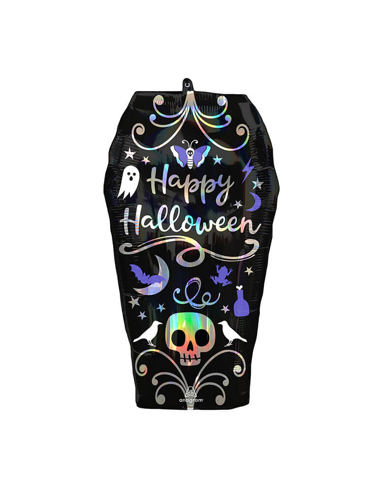 Anagram Balloons - 43162 Iridescent Coffin 43162 Iridescent Coffin Holographic SuperShape™ P40. This iridescent coffin shaped foil balloon is simply boo-rrific for your your Halloween bash. Featuring classic Halloween elements, including a skull, a ghost, a crow, a bat, and a potion bottle, this balloon includes a self-sealing valve, preventing the gas from escaping after it's inflated. 