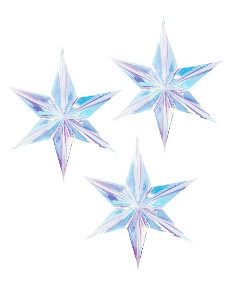 A set of three 16" Iridescent hanging Star Decorations