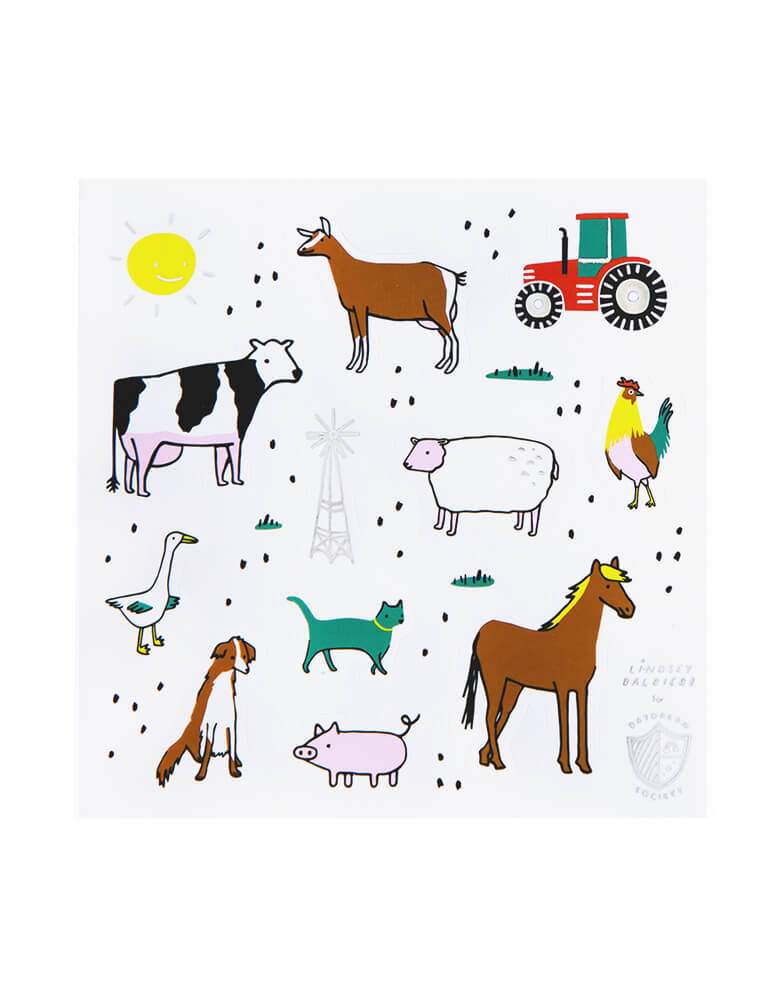 Day Dream Society & Jollity Co. On The Farm Sticker Set (Set of 4). Featuring all the cute farm animals like cow, horse, chick, sheep, duck, goose, pig, cat, tracker design, Illustrated by Lindsey Balbierz Pack of 4 sticker sheets Each sheet measures 4 inches square Printed and foil-pressed on premium matte sticker paper Packaged in a cellophane sleeve