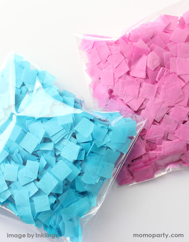 1 pouch of pink confetti and 1 pouch of blue confetti in the clear bags for Inklings Jumbo Gender Reveal Confetti Balloon Kit