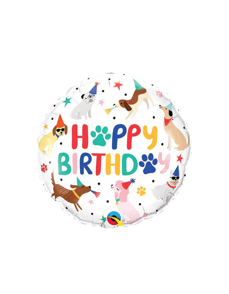Junior Happy Birthday Puppies Round Foil Balloon by Qualatex Balloons. This 18 inches round foil balloon featuring cute puppies and color "happy birthday" text on the balloon