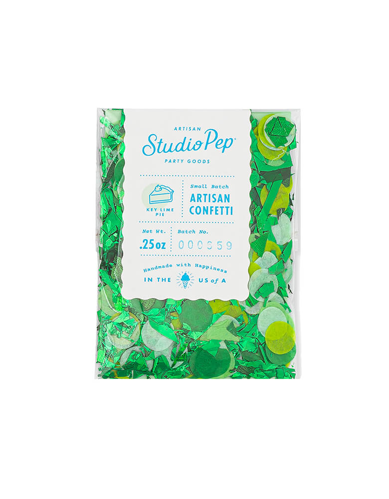 Key Lime Pie Artisan Confetti Mini Bag by Studiopep. Featuring Green shade of artisan confetti & 0.5" circle confetti with mylar shred in a clear bag. This perfect combination of different shades of green, it's pressed from American-made premium tissue paper. Perfect for a safari or dinosaur themed party!