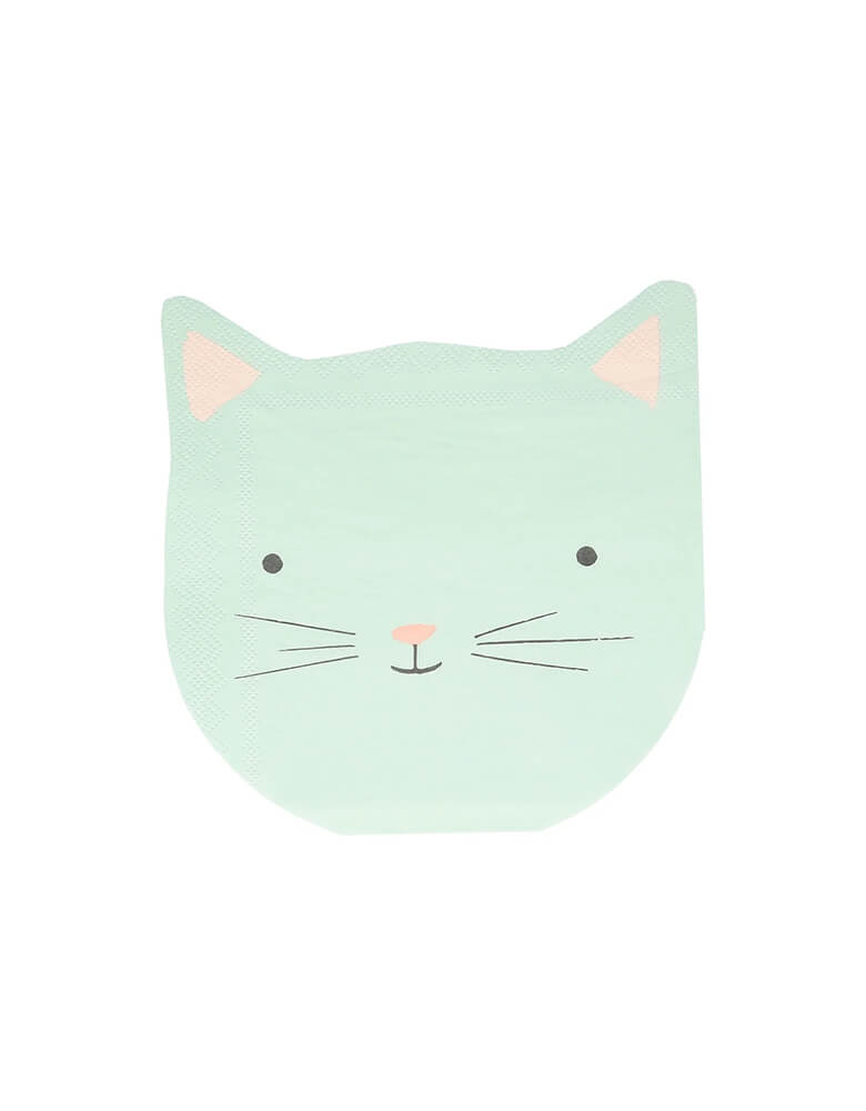 Momo Party's 6" kitten face shaped napkins by Meri Meri, comes in a set of 16 napkins in 4 pastel colors of dusty blue, dusty pink, ivory and peach, these cat head shaped napkins are prefect for kid's kitten or cat themed birthday party celebration.