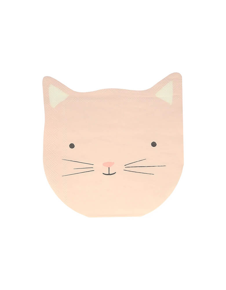 Momo Party's 6" kitten face shaped napkins by Meri Meri, comes in a set of 16 napkins in 4 pastel colors of dusty blue, dusty pink, ivory and peach, these cat head shaped napkins are prefect for kid's kitten or cat themed birthday party celebration.
