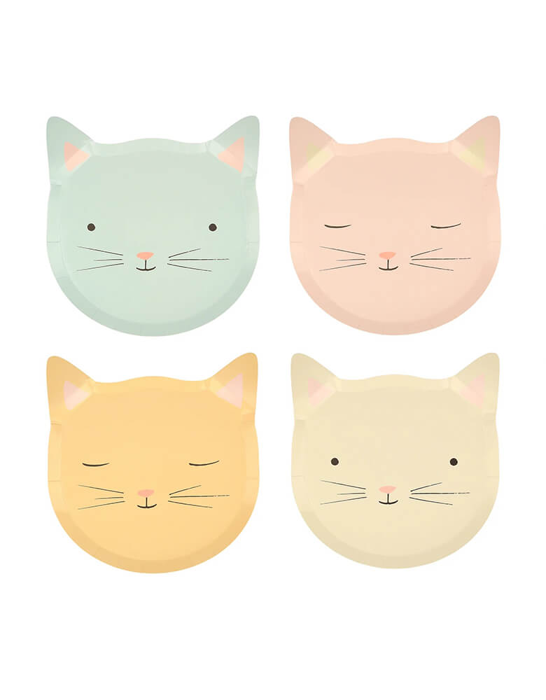 Momo Party's 7.5 inches kitten shaped party plates by Meri Meri, comes in a set of 8 plates in 4 pastel colors and designs, including ivory, dusty pink, dusty blue and peach, these adorable and sweet cat party plates for perfect for kid's kitten or cat themed birthday party.