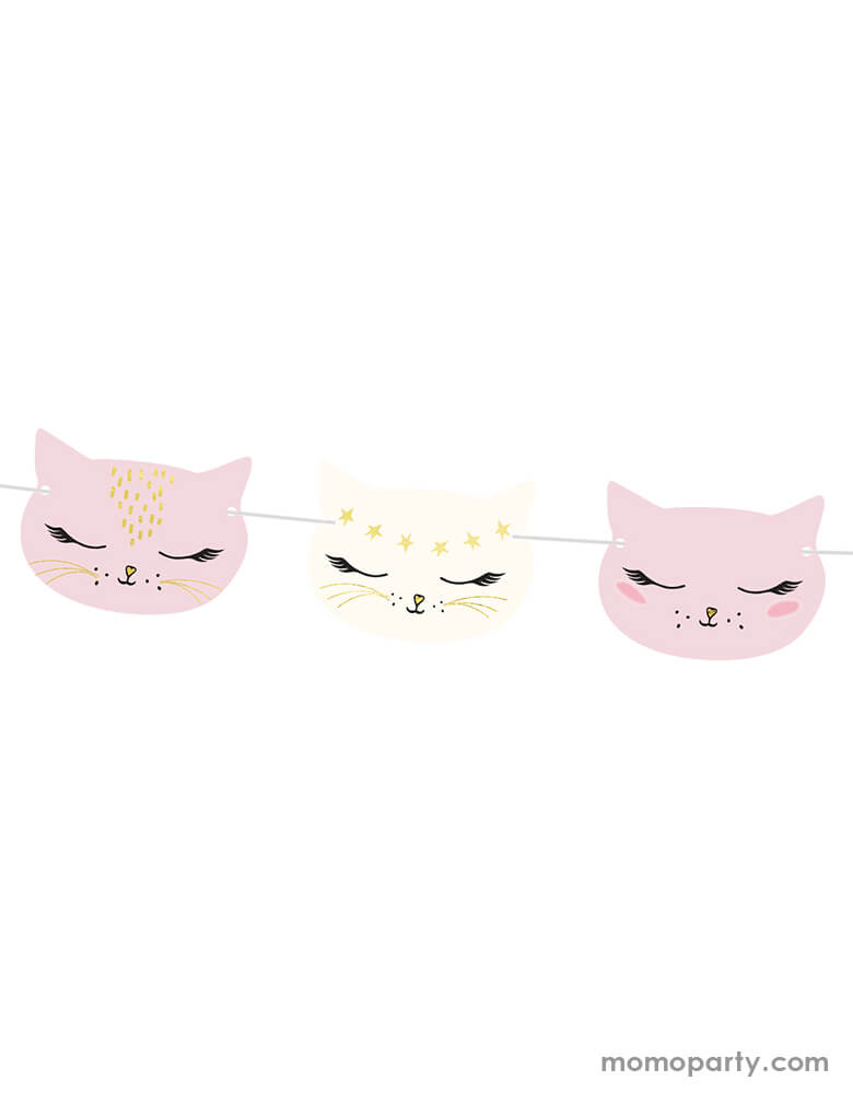 close up details of Party deco Kitty Cat Garland, featuring cute cats in pink and white designs.