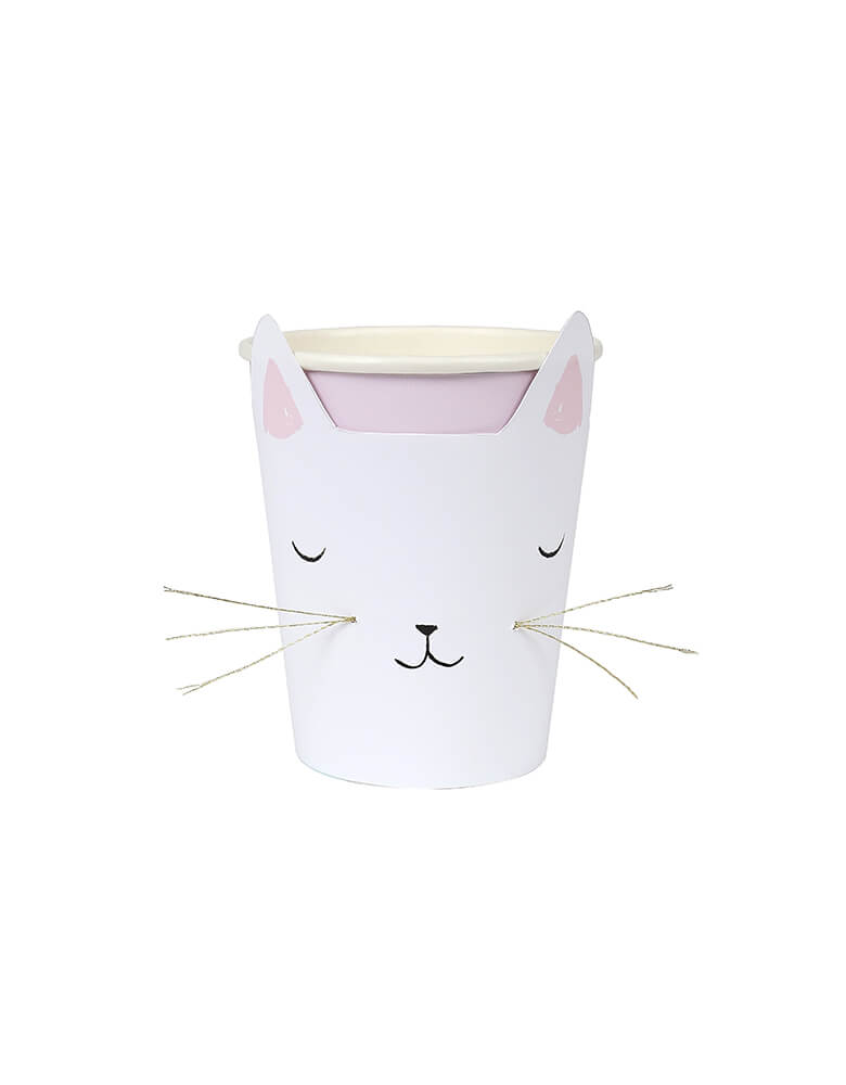 Meri Meri Cat with Whiskers Cups. Pack of 8. These charming cat party cups feature an adorable illustrated face, complete with delicate whiskers and perky ears. Pink with cat sleeves Gold thread detail. Super delightful to drink out of! Suitable for hot & cold drinks.