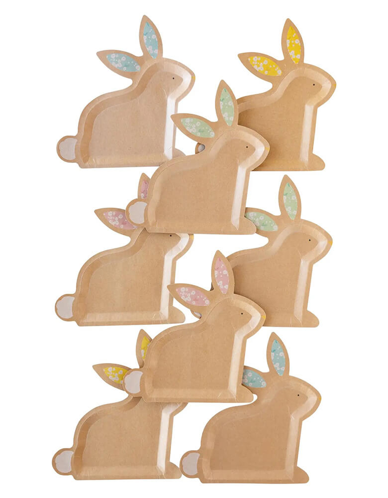 Momo Party's 9" X 10" kraft sitting bunny shaped plates by My Mind's Eye. Come in a set of 8 plates in 4 colors, designed with kraft paper, and die cut into sweet bunny shape, these party plates are the perfect touch that are sure to delight your guests!