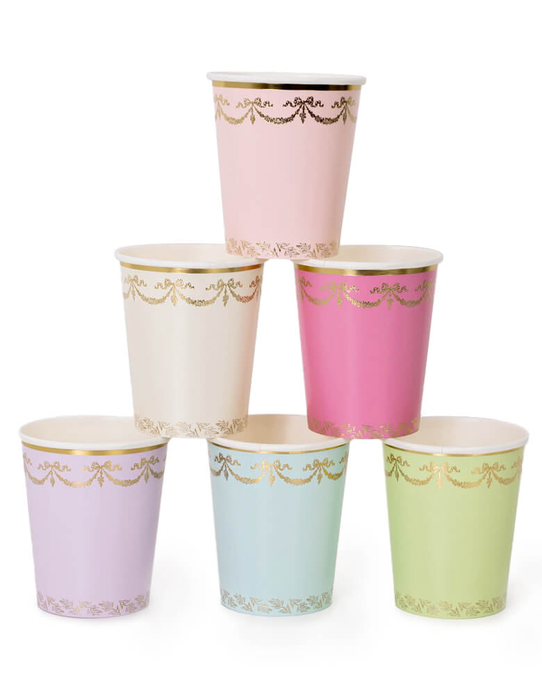 Ladurée Paris Cups by Meri Meri collaboration with Laduree, the restaurant, tea room and macaron specialist. Each set includes a blue, cream, pale pink, pale purple, mint, pale blue, pink and pale mint cup, with exquisite colors, gold foil design and borders. Perfect for Ladurée lovers, afternoon tea party, mother's day celebration, girls party and any fancy celebration