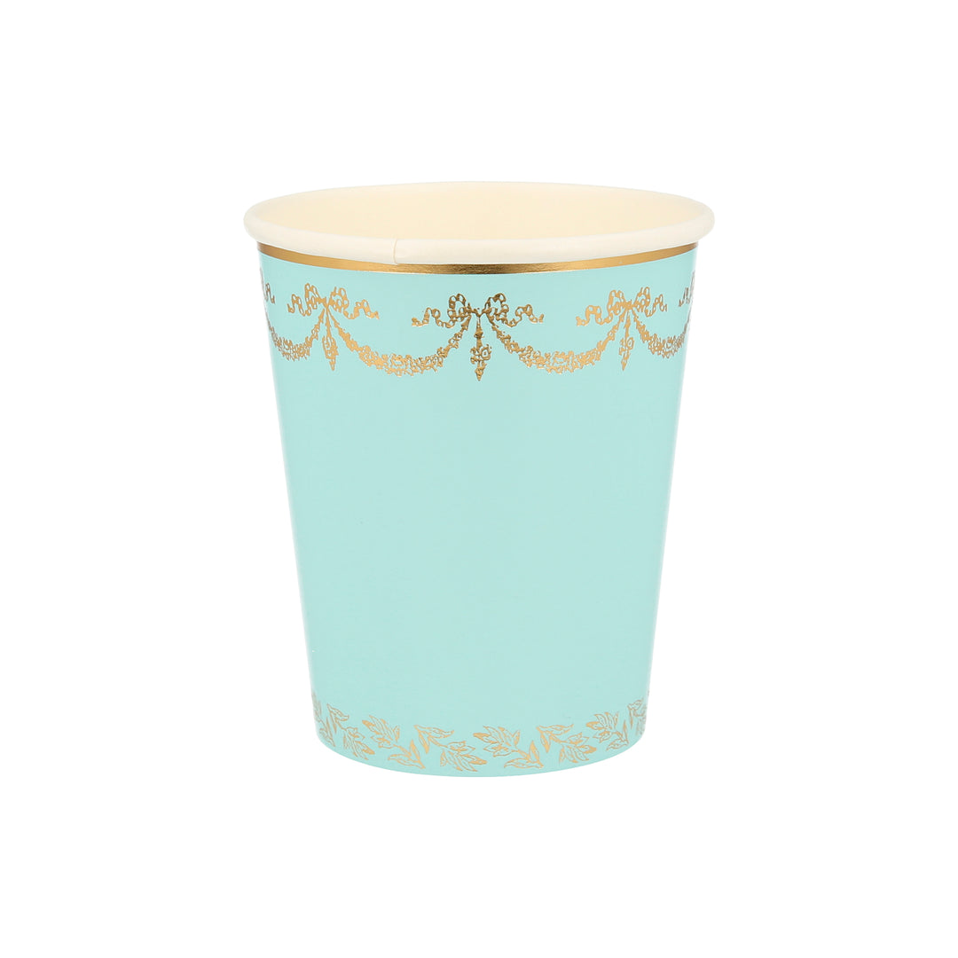 Momo Party Ladurée Paris Cups by Meri Meri collaboration with Laduree - the restaurant, tea room and macaron specialist.  Blue cups with exquisite colors, gold foil design and borders. Perfect for Ladurée lovers, afternoon tea party, mother's day celebration, girls party and any fancy celebration