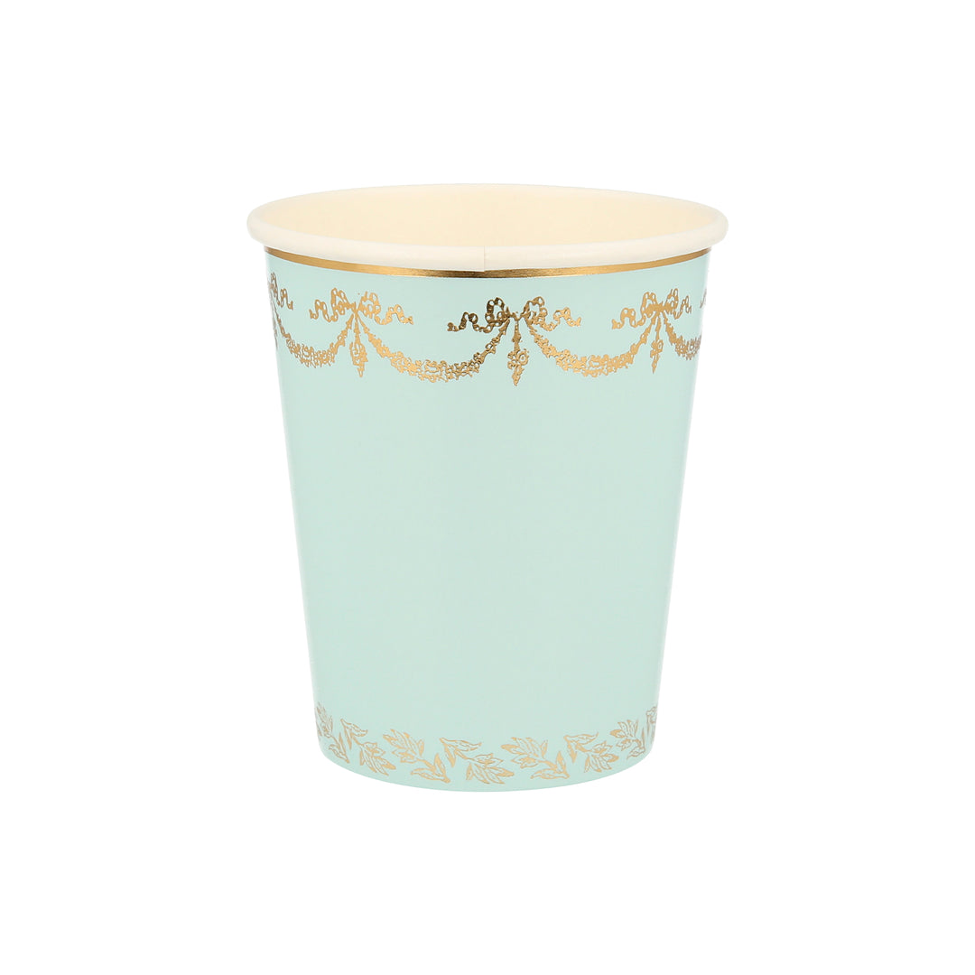 Momo Party Ladurée Paris Cups by Meri Meri collaboration with Laduree - the restaurant, tea room and macaron specialist.  Pale Blue cups with exquisite colors, gold foil design and borders. Perfect for Ladurée lovers, afternoon tea party, mother's day celebration, girls party and any fancy celebration