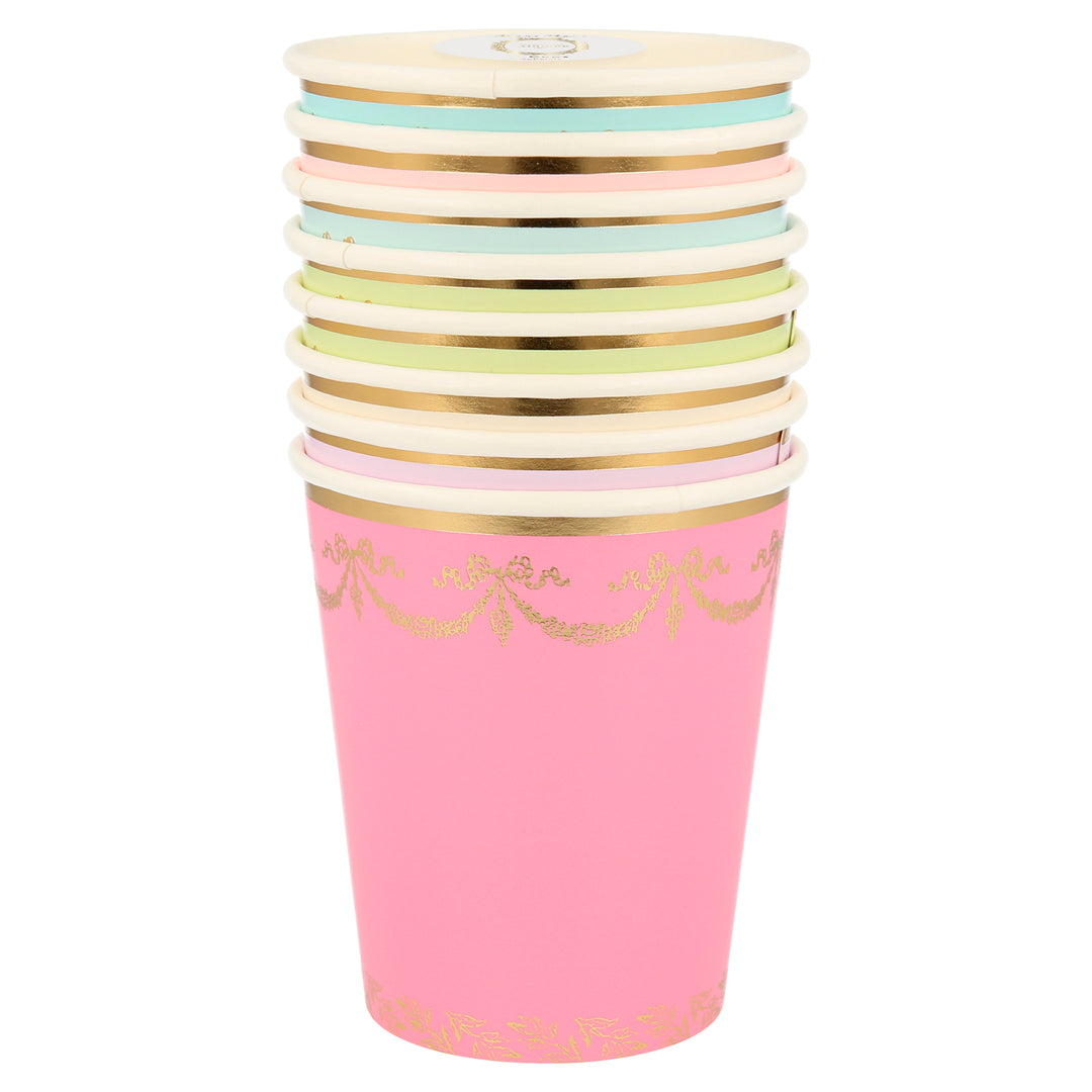 Momo Party Ladurée Paris Cups by Meri Meri collaboration with Laduree - the restaurant, tea room and macaron specialist. Set of 8 cups includes a blue, cream, pale pink, pale purple, mint, pale blue, pink and pale mint color cups, with exquisite colors, gold foil design and borders. Perfect for Ladurée lovers, afternoon tea party, mother's day celebration, girls party and any fancy celebration