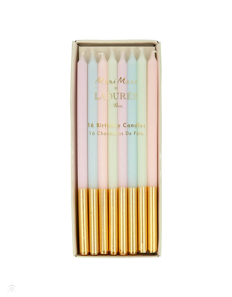 Ladurée Paris Gold Dipped Candles by Meri Meri collaboration with Laduree, the restaurant, tea room and macaron specialist. Pack of 16 in 4 colors: lavender, blue, pink, green candles. These candles are in stunning soft shades, with shiny gold metallic ink details.