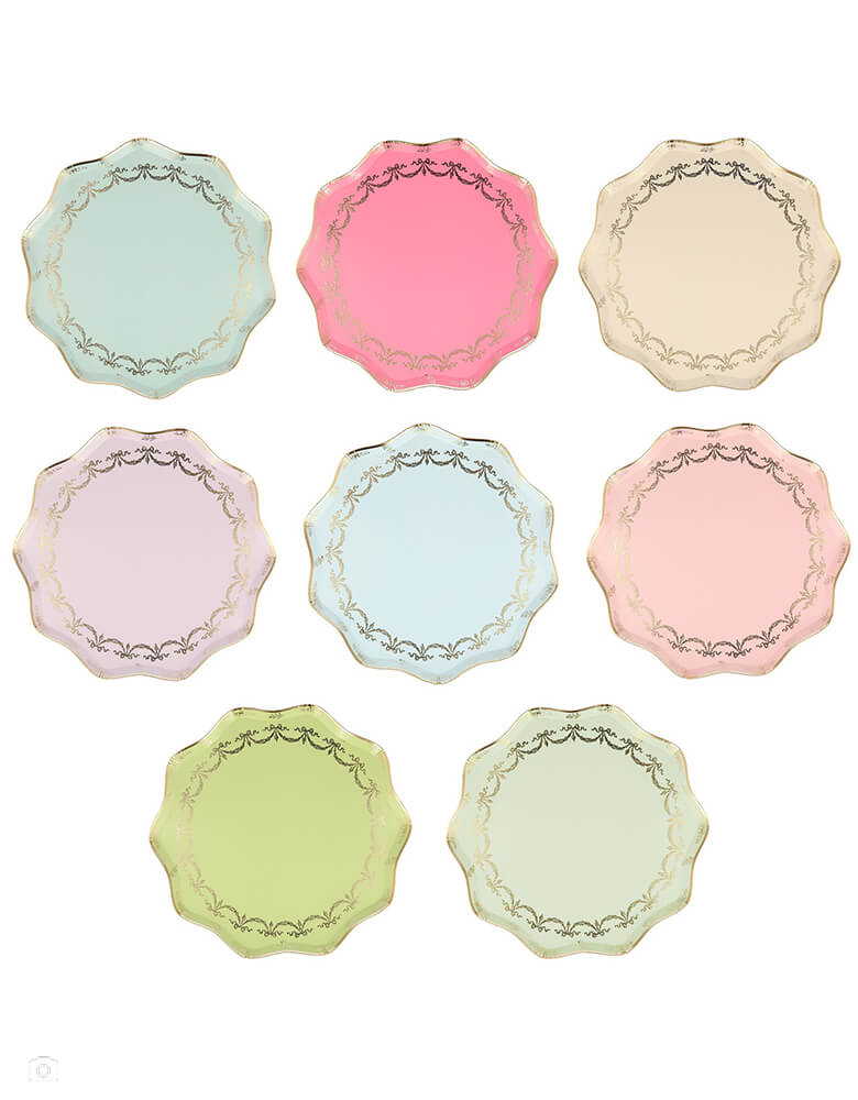 Ladurée Paris Side Plates by Meri Meri collaboration with Laduree, the restaurant, tea room and macaron specialist. Featuring Laduree gift box graphic shape in macarons colors with Shiny gold foil details & scalloped borders. Each set includes a blue, cream, pale pink, pale purple, mint, pale blue, pink and pale mint, Thess party plates are perfect for Ladurée lovers, afternoon tea party, mother's day celebration, girls party and any fancy celebration