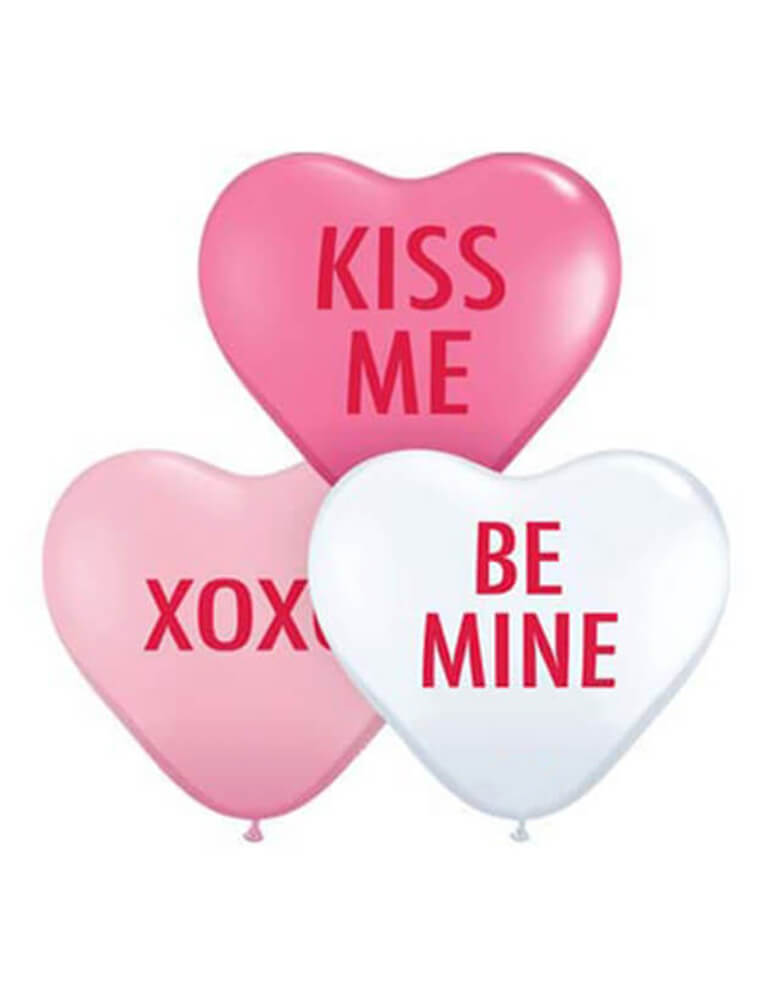 Qualatex 11inches Conversation Heart Shaped Latex Balloon Mix in pink, rose and white with messages of kiss me, xoxo, and be mine