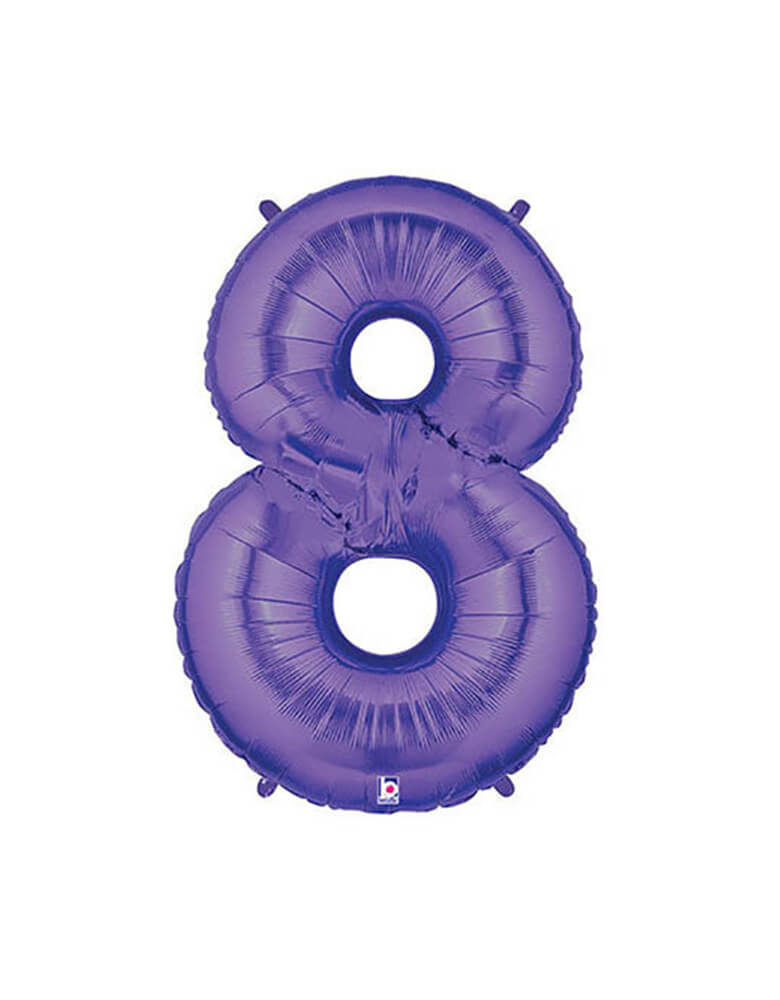 Betallic Balloon - 40 inches Purple Megaloon foil mylar number balloons - Number 8. This Giant Balloon is the ultimate way to celebrate someone's birthday, milestone event, a couple's anniversary, the anniversary of a business and for marketing a special priced product at a business! Also Perfect for Encanto Party, Butterfly Party, unicorn party or any birthday party for girls. These huge balloons are great for bouquets, photo backdrops, on the top of balloon columns and more.