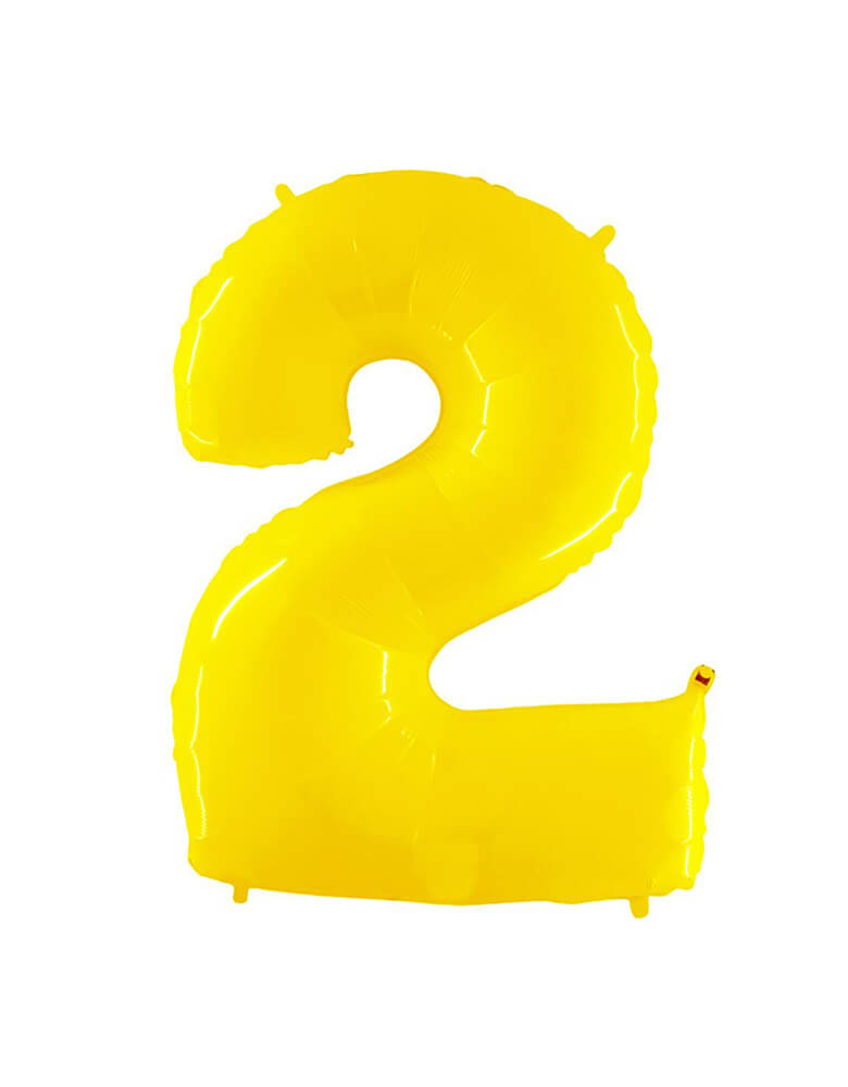 Party Brands Large 40"  Yellow foil mylar number balloon Number 2. These huge balloons are great for bouquets, photo backdrops, on the top of balloon columns, incorporated into a balloon arches and more.