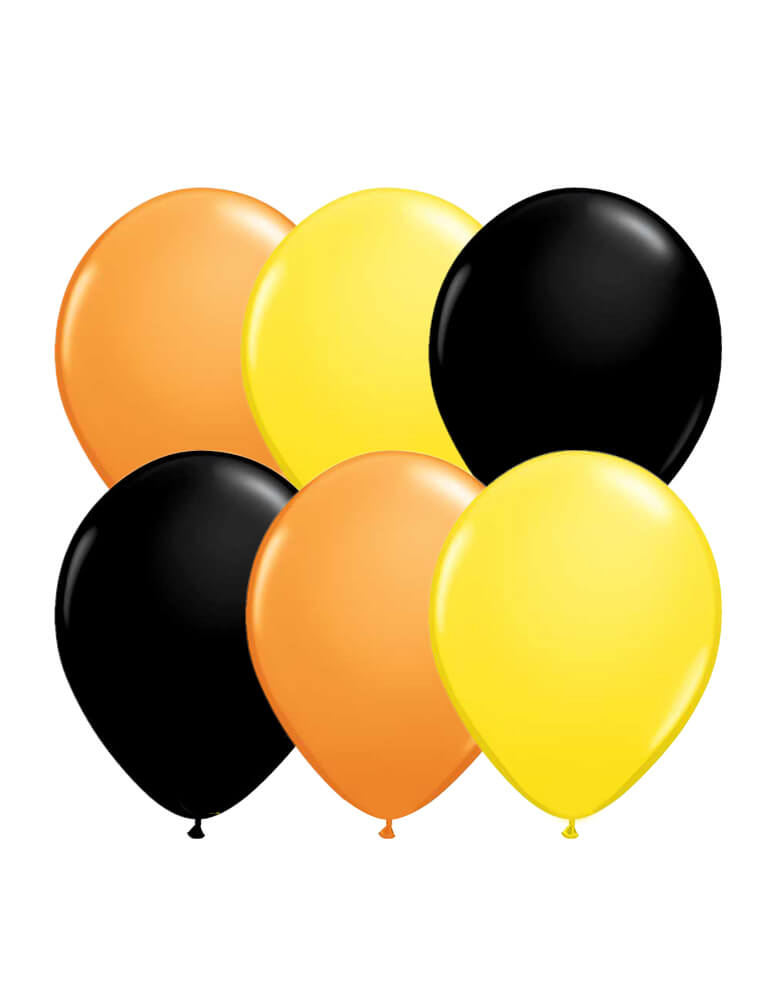 Set of 12 Qualatex Latex Balloon Mix including 4 of each orange, black and yellow balloons