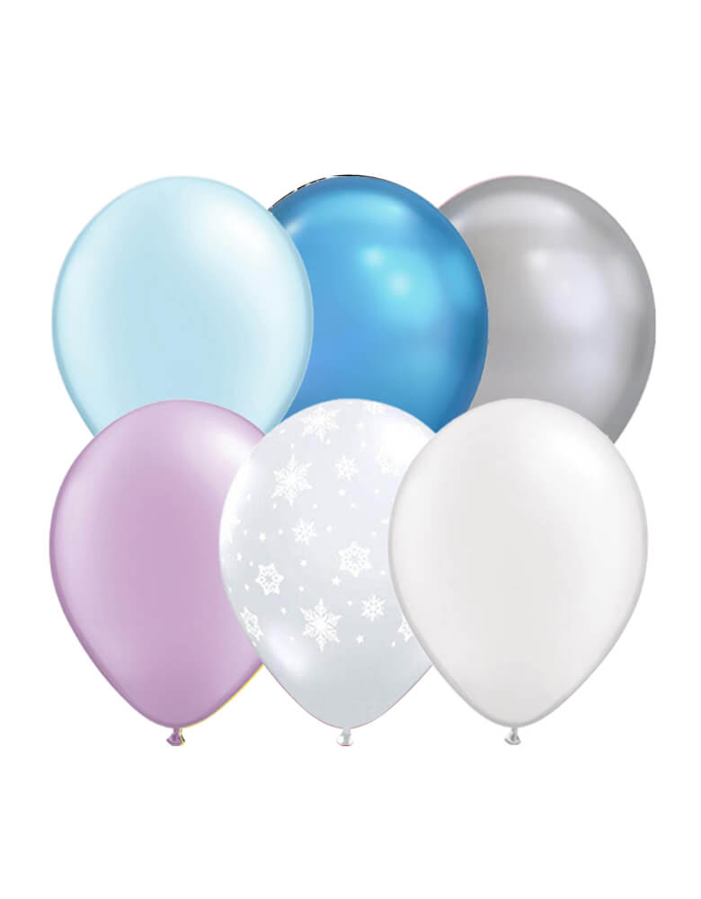 Qualatex Balloon Mix of 2 of each chrome blue, chrome silver, pearl blue, pearl blue , pearl white and snowflake printed balloons for a Frozen or Winter Wonderland Themed Party